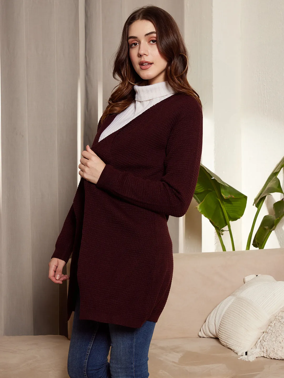 Berrylush Women Solid Maroon Open-Front Acrylic Straight Hem Knitted Longline Cardigan