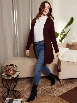 Berrylush Women Solid Maroon Open-Front Acrylic Straight Hem Knitted Longline Cardigan