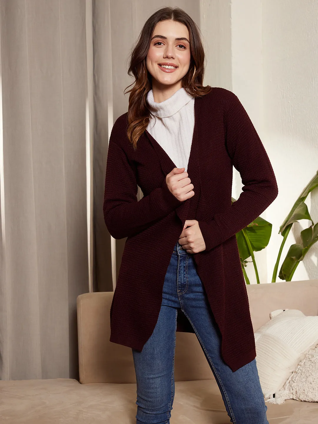 Berrylush Women Solid Maroon Open-Front Acrylic Straight Hem Knitted Longline Cardigan