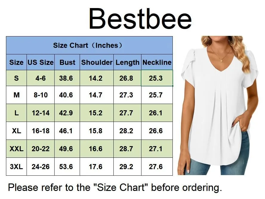 Bestbee Women's Dressy Chiffon Blouses V Neck Petal Short Sleeve Shirts 2024 Summer Tops Pleated Tunic Casual T-Shirts, L, Navy Blue