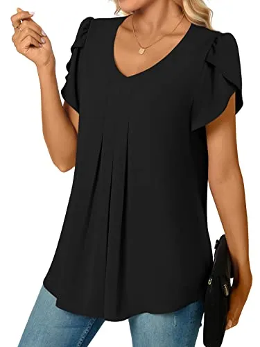 Bestbee Women's Dressy Chiffon Blouses V Neck Petal Short Sleeve Shirts 2024 Summer Tops Pleated Tunic Casual T-Shirts, L, Navy Blue