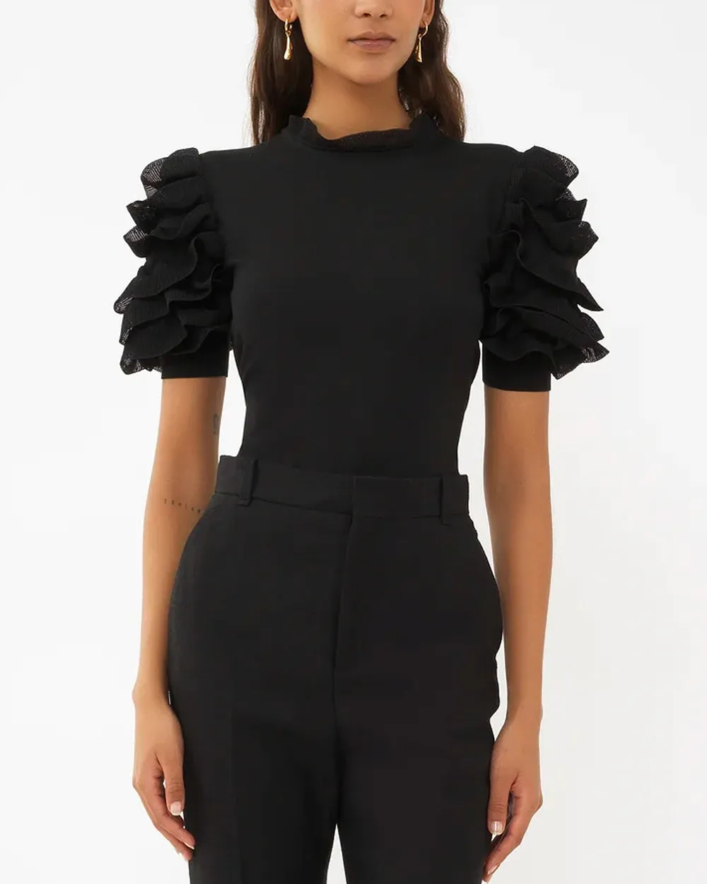 Black Short Sleeve Ruffle Knit Top