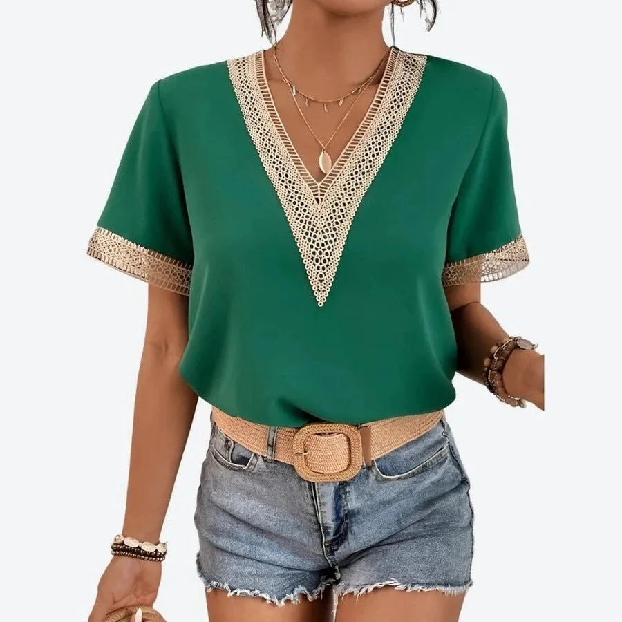 Boho V-Neck Lace Trim Blouses