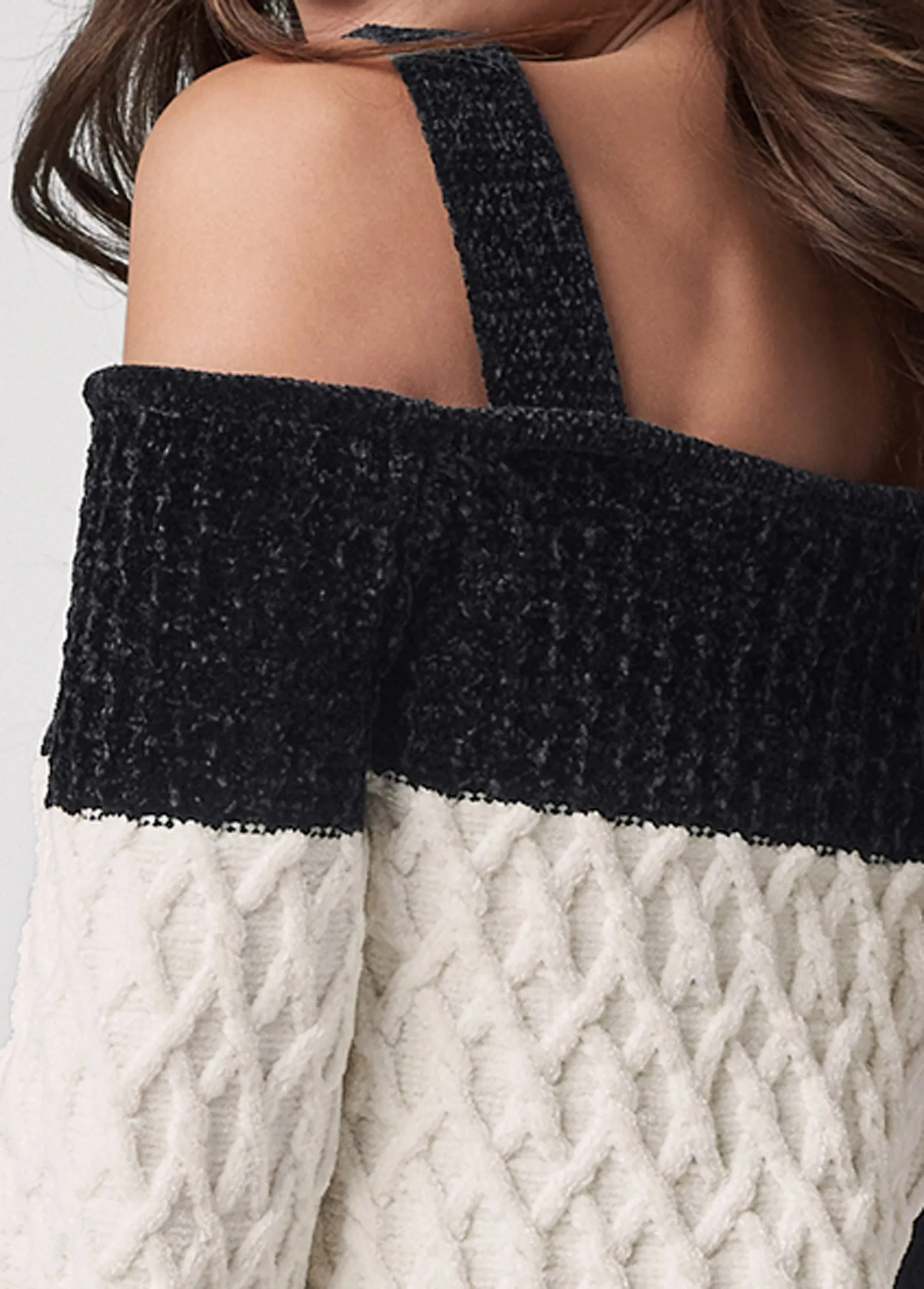 Chenille Cold Shoulder Sweater - Black & Off White