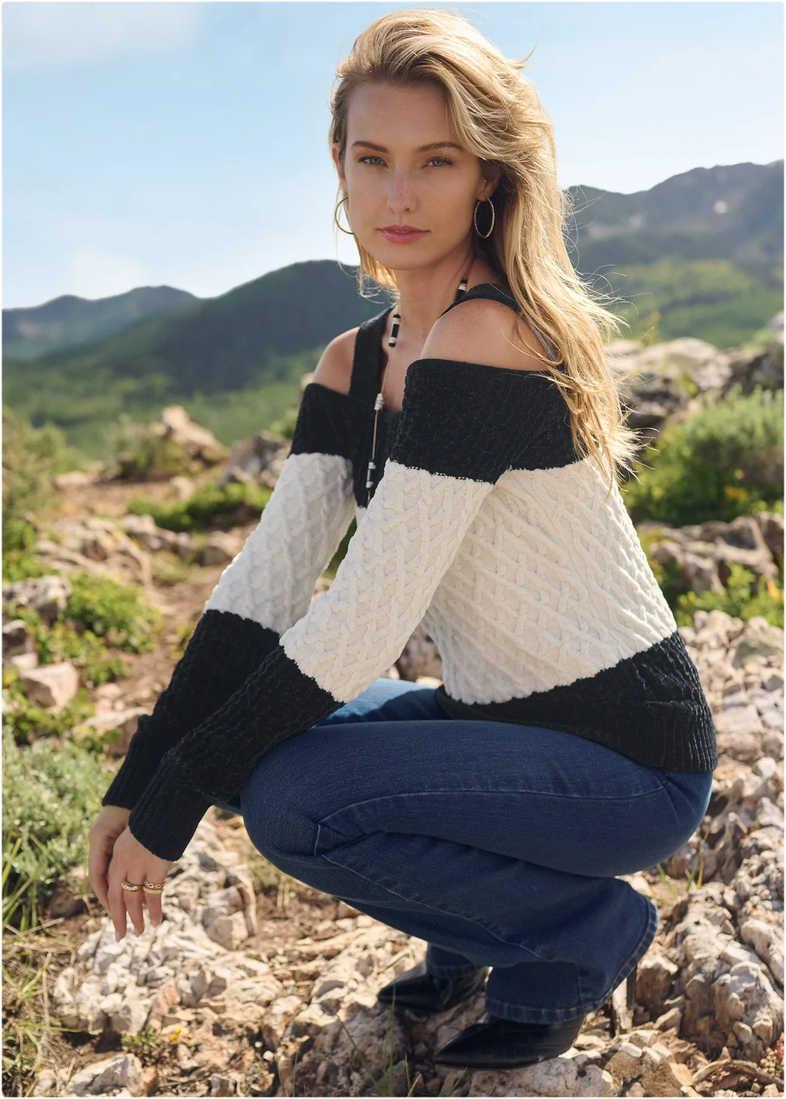 Chenille Cold Shoulder Sweater - Black & Off White