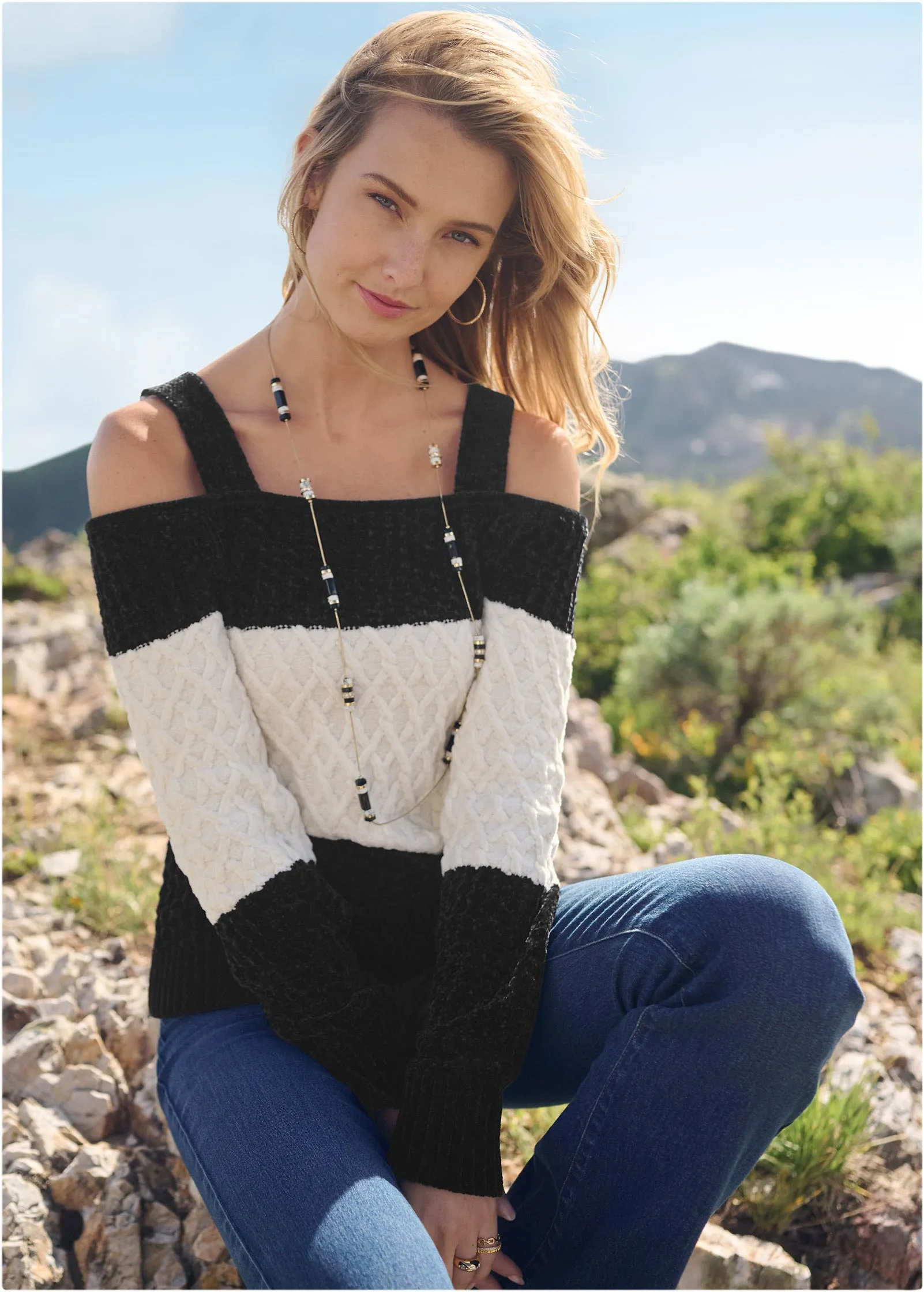 Chenille Cold Shoulder Sweater - Black & Off White