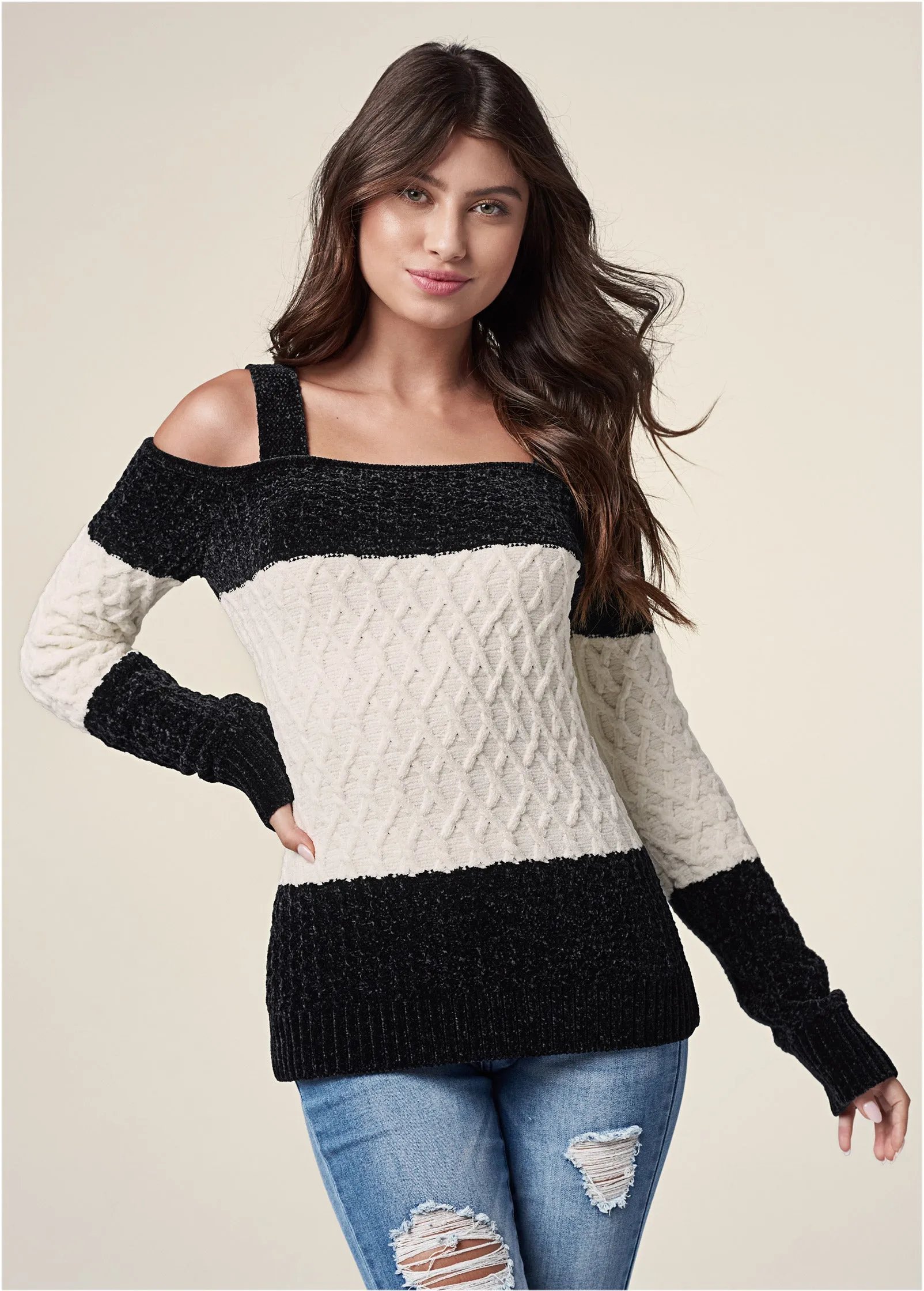 Chenille Cold Shoulder Sweater - Black & Off White