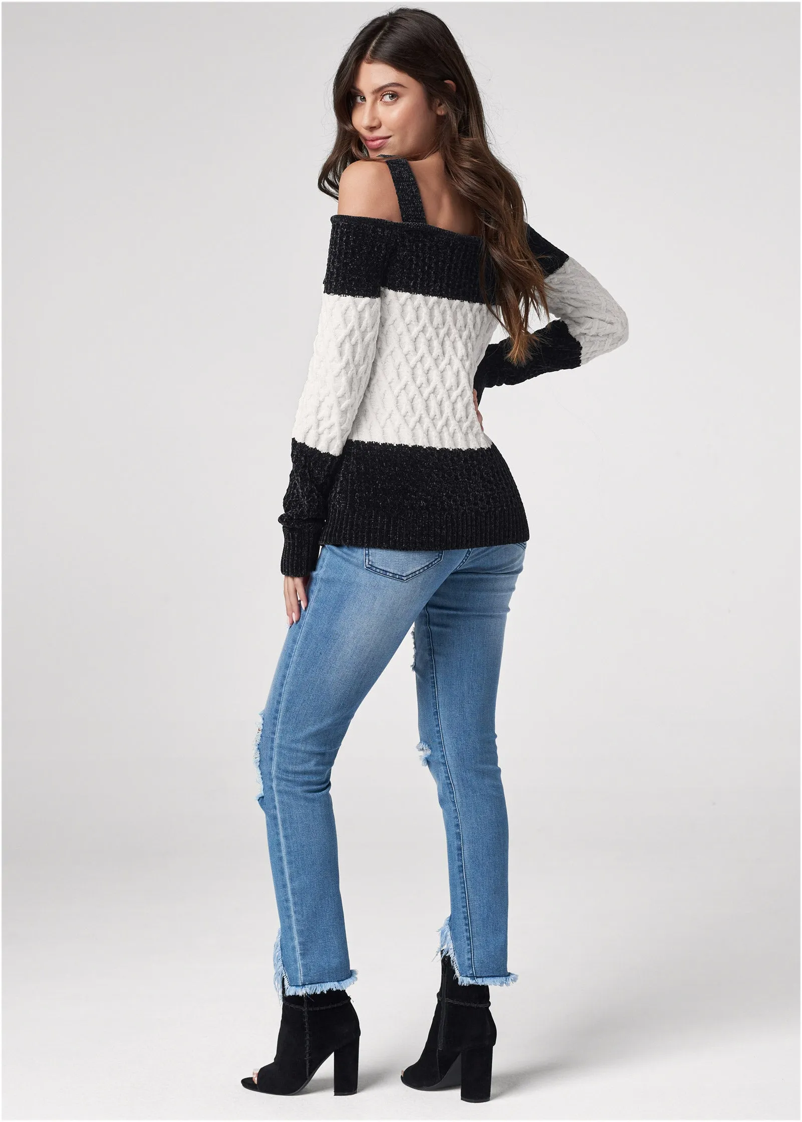 Chenille Cold Shoulder Sweater - Black & Off White