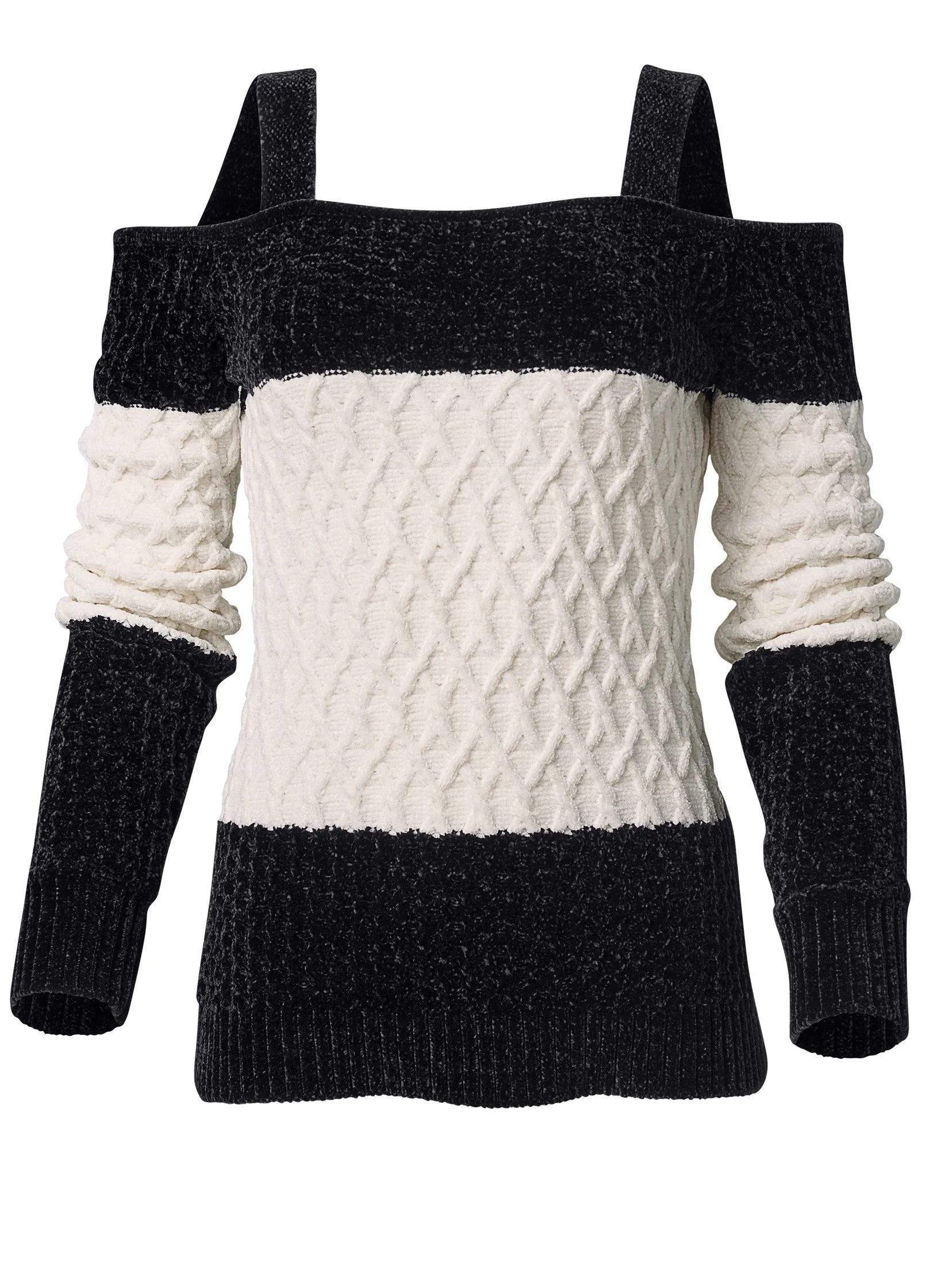 Chenille Cold Shoulder Sweater - Black & Off White