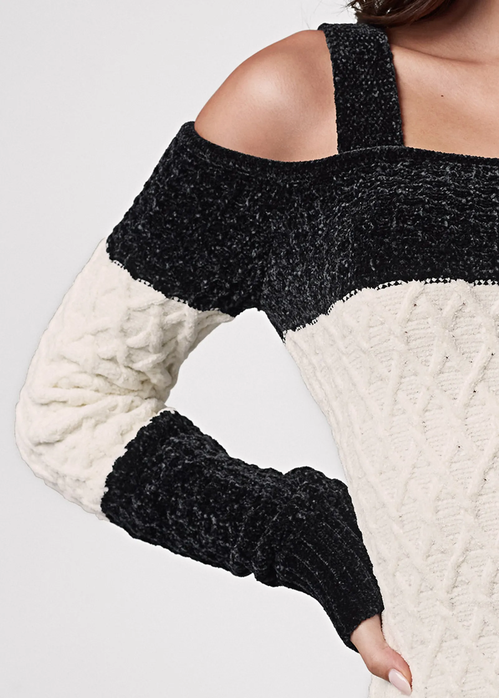 Chenille Cold Shoulder Sweater - Black & Off White