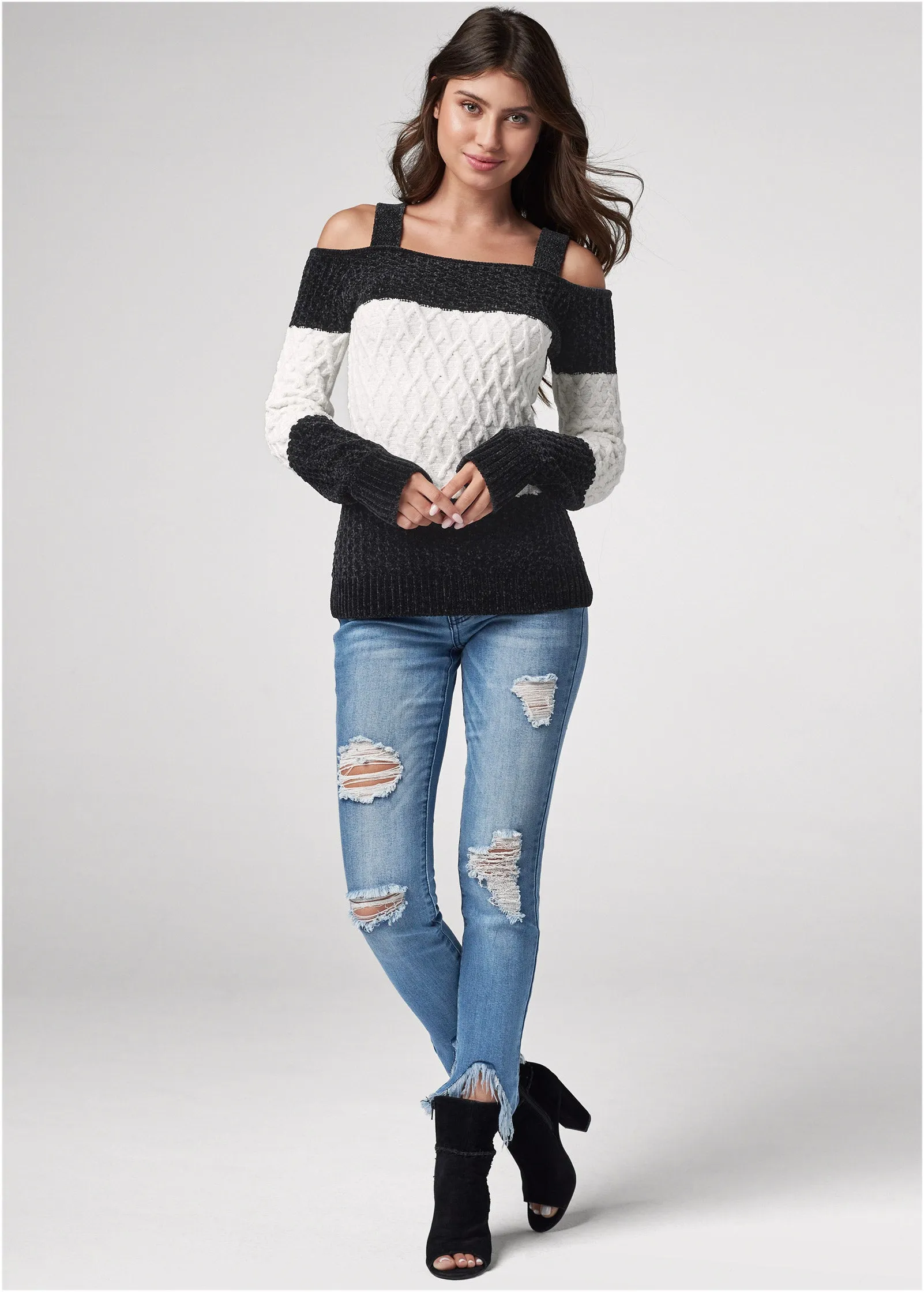 Chenille Cold Shoulder Sweater - Black & Off White