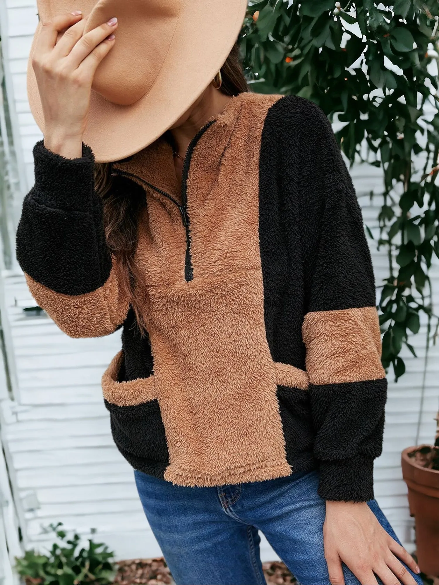 Color Block Teddy Zip Up Sweater