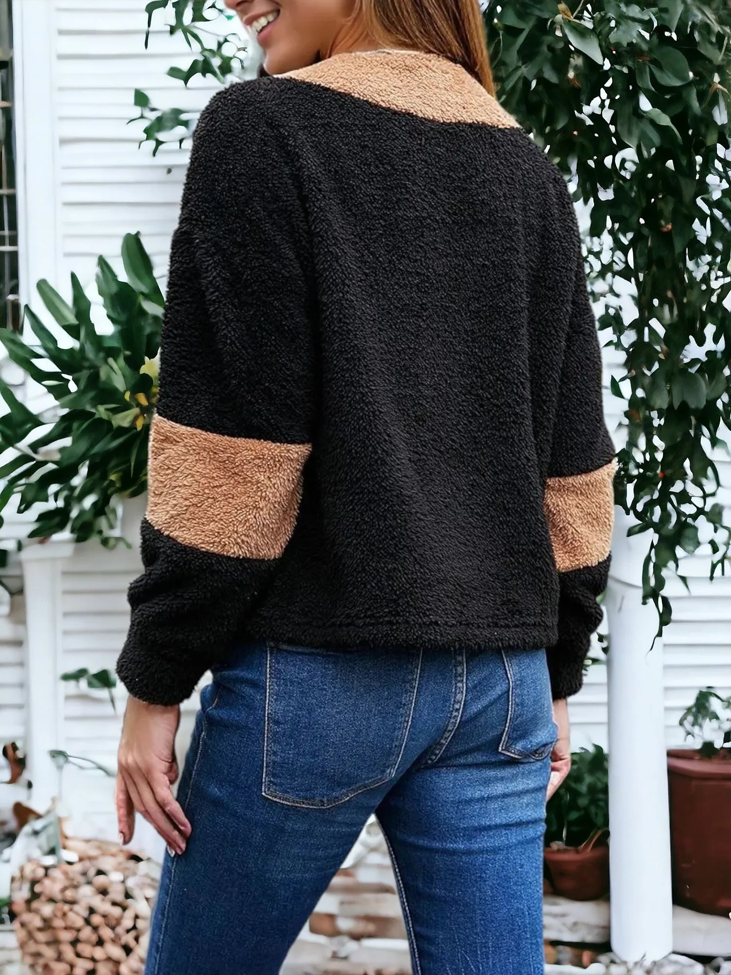 Color Block Teddy Zip Up Sweater