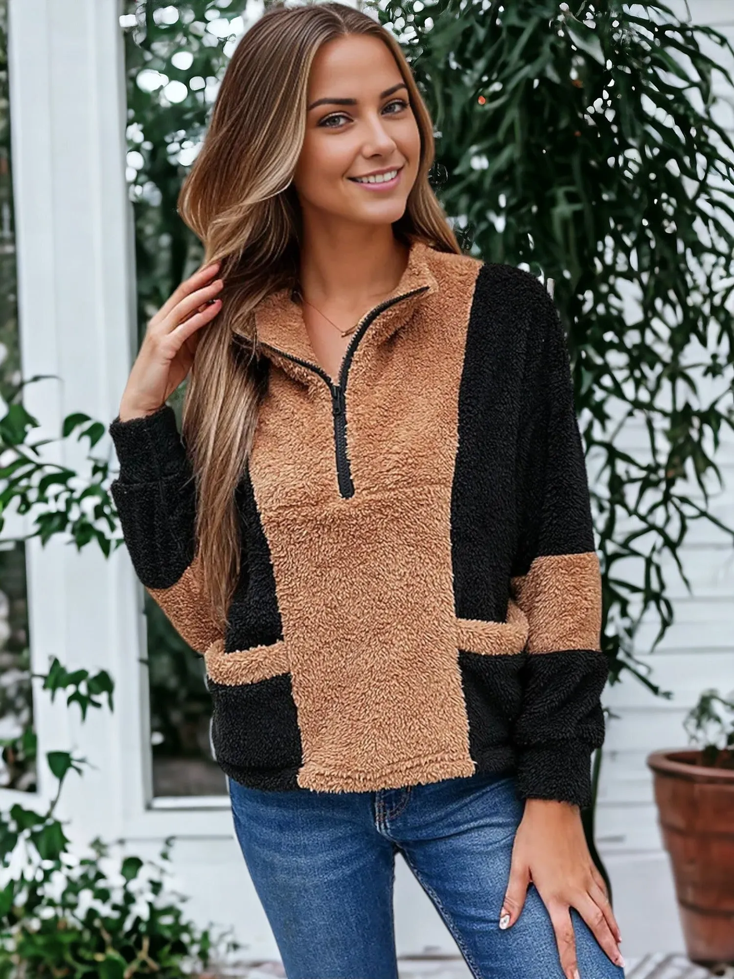 Color Block Teddy Zip Up Sweater