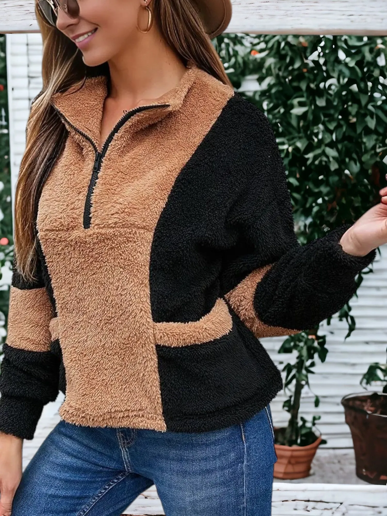 Color Block Teddy Zip Up Sweater