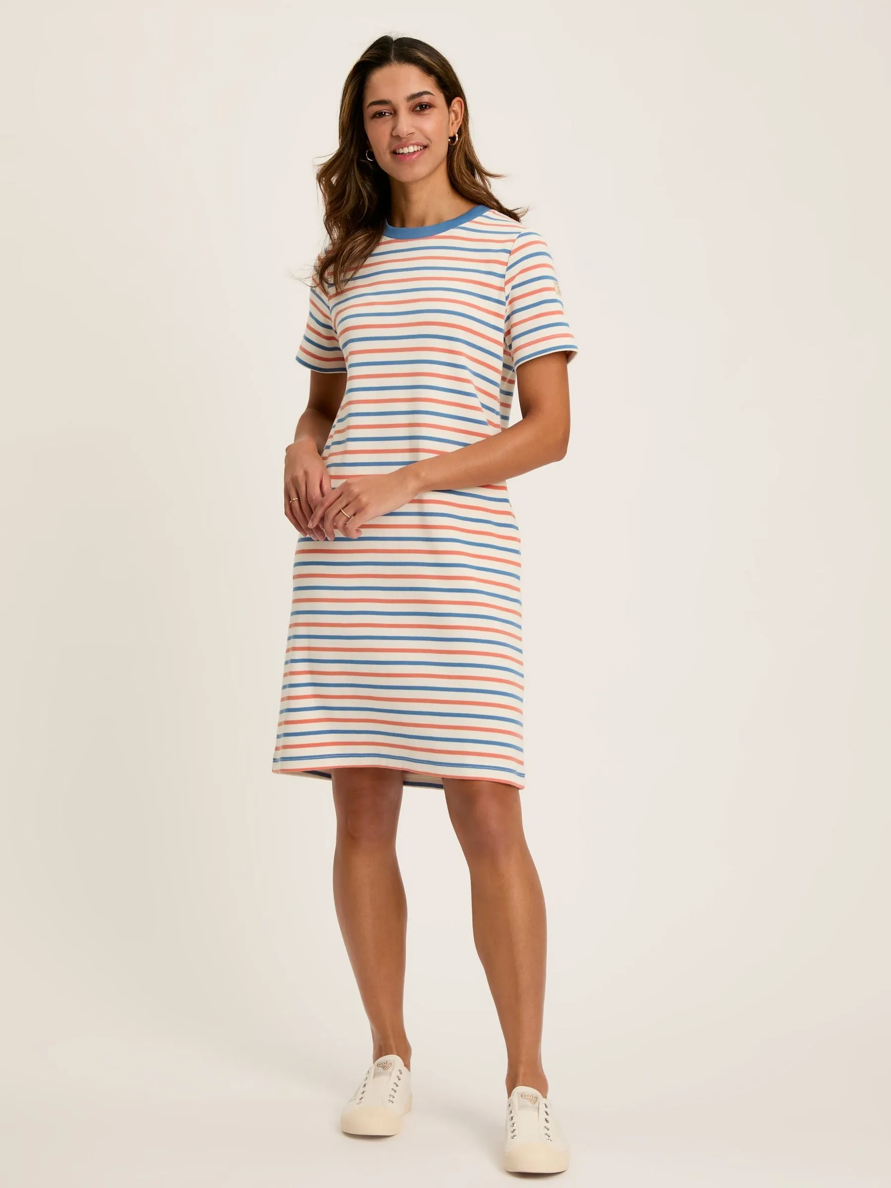 Eden Coral & Blue Striped Short Sleeve Jersey Dress With Pockets