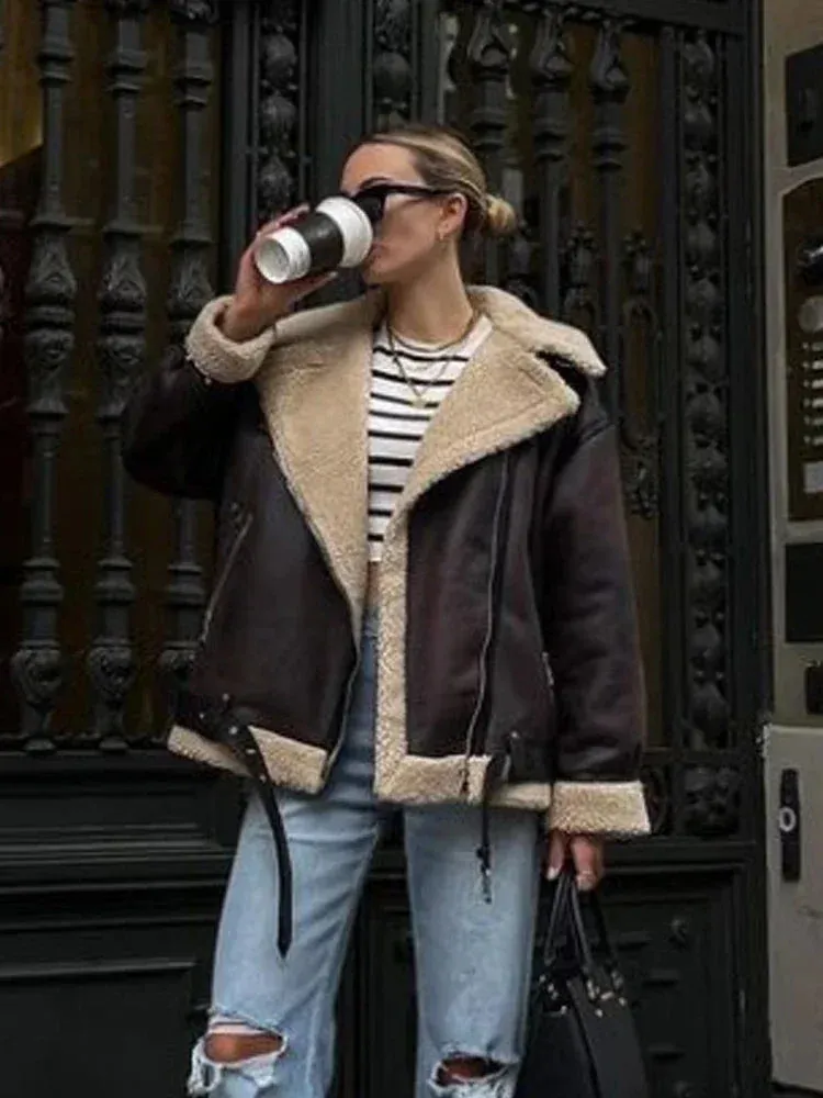 Fashionkova Suninheart Fashion Winter Warm Faux Fur Jacket Women Long Sleeve Moto Biker Zipper Jackets Coat Female Autumn Casual Lapel coat