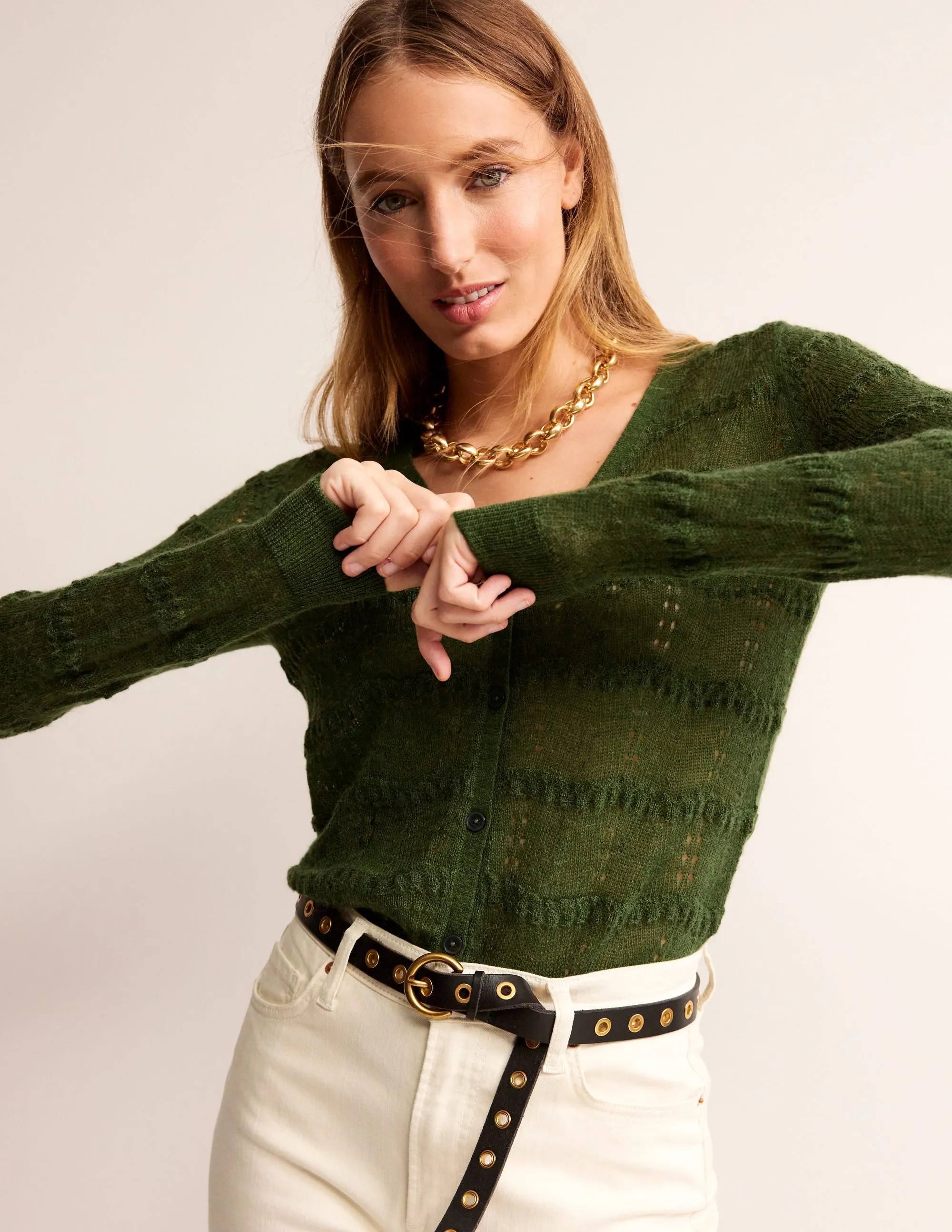 Fluffy Pointelle Cardigan-Garden Green