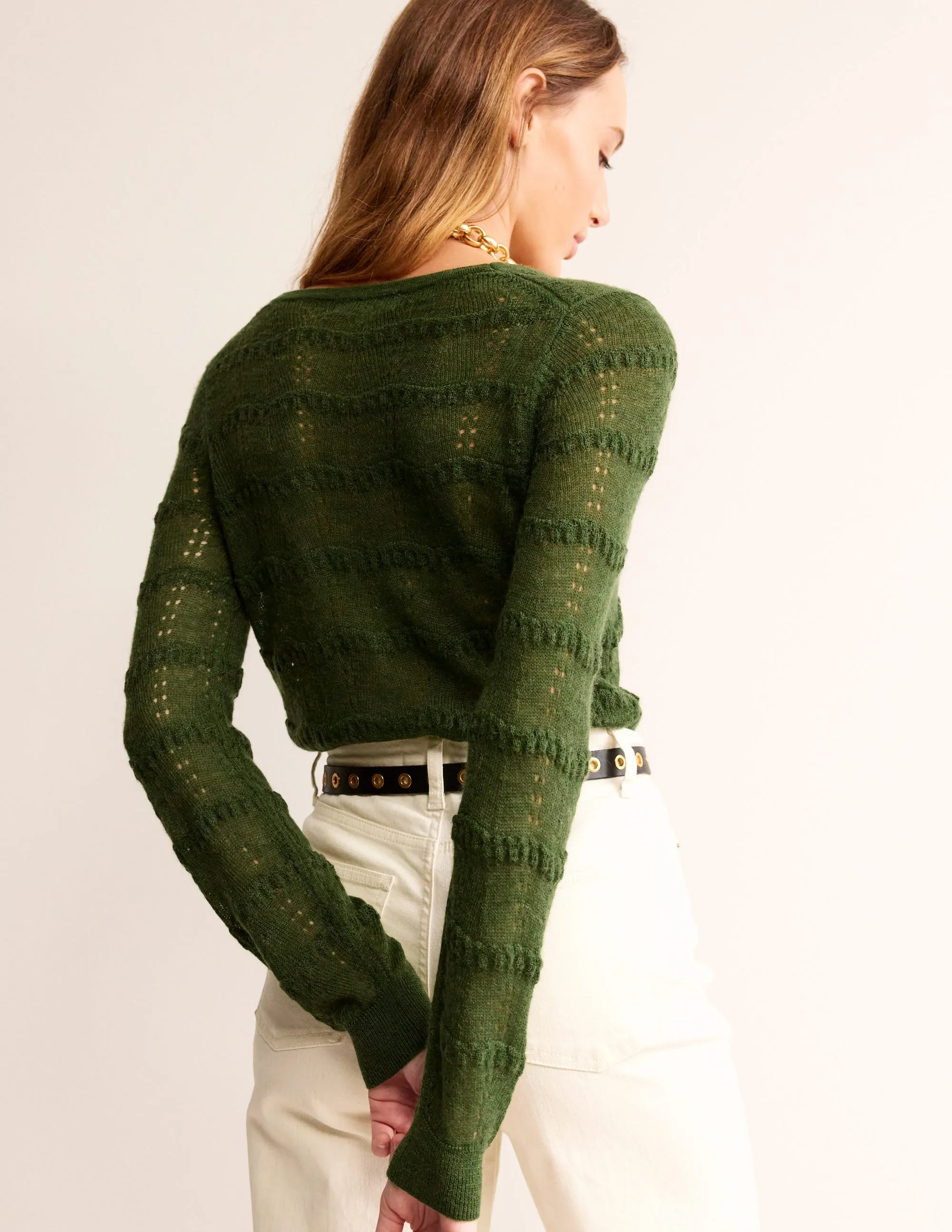 Fluffy Pointelle Cardigan-Garden Green