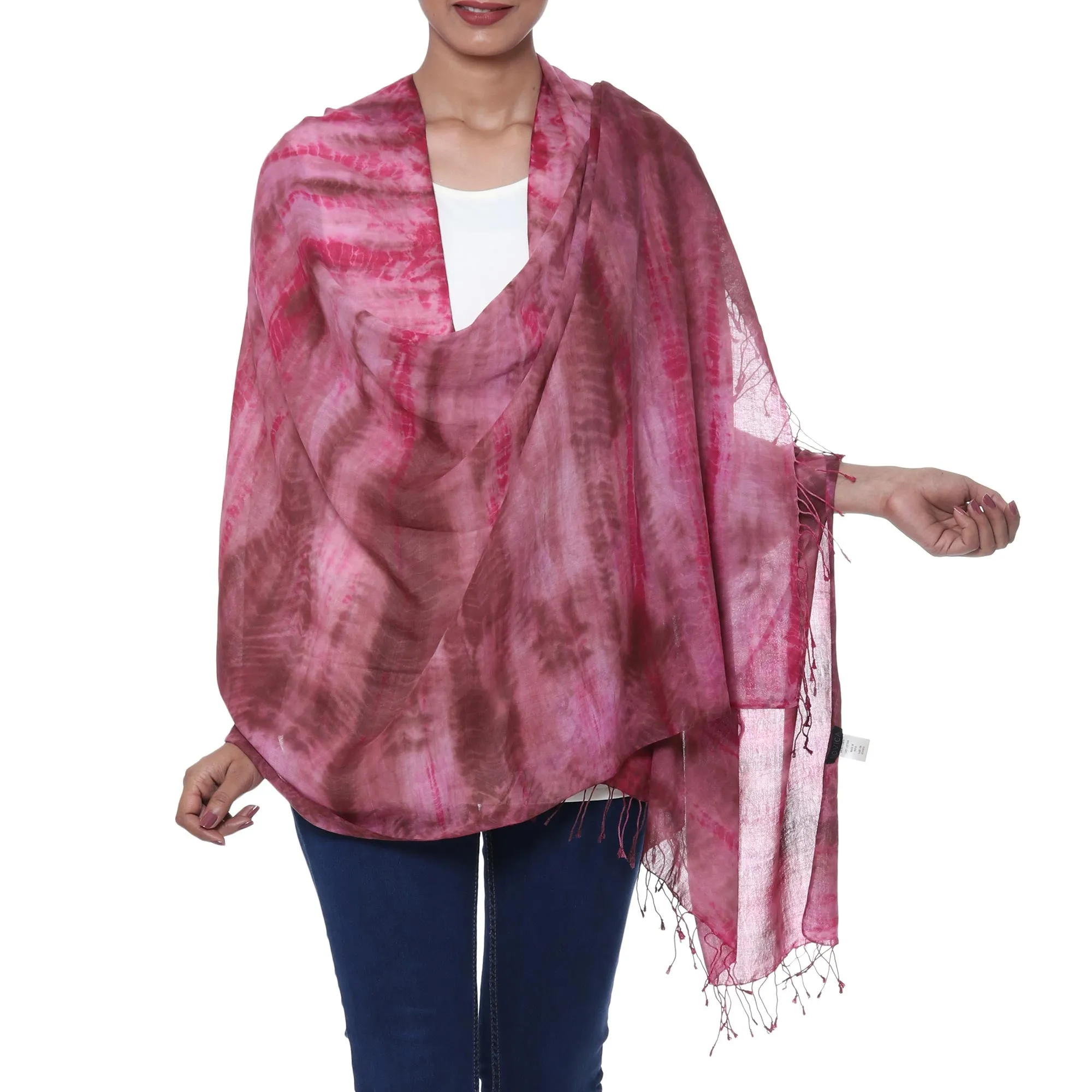 Handmade Tie-Dyed Ruby Red Cotton Shawl with Fringe - Ruby Tides | NOVICA