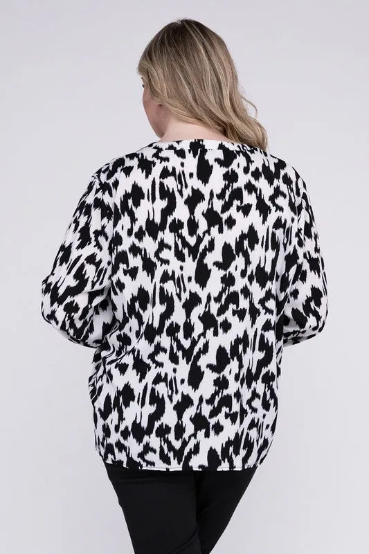 HI Curvy Plus Size Women Leopard Notched Neckline Blouse