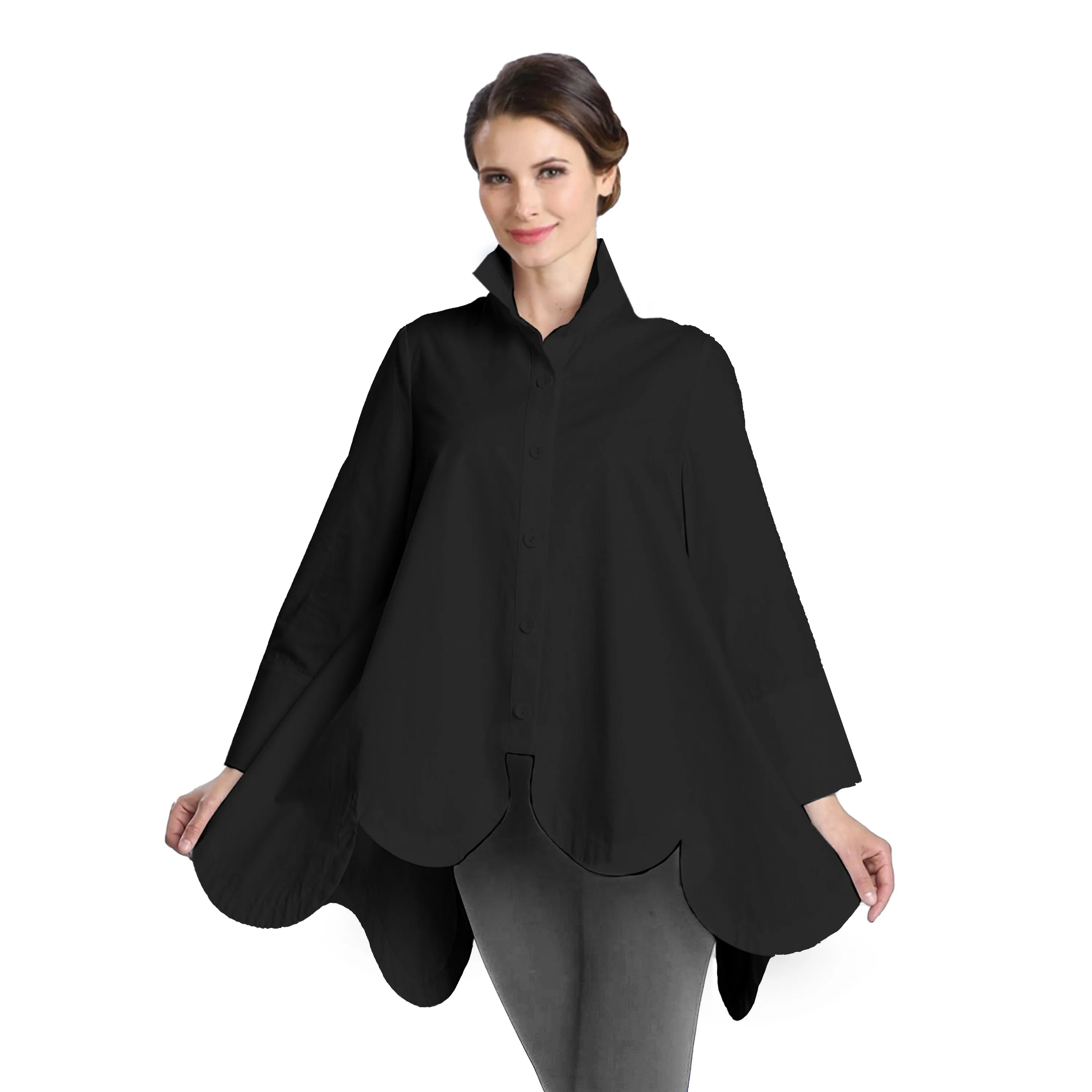 IC Collection Scalloped Cotton Blouse in Black - 2585B-BK - Size M Only!