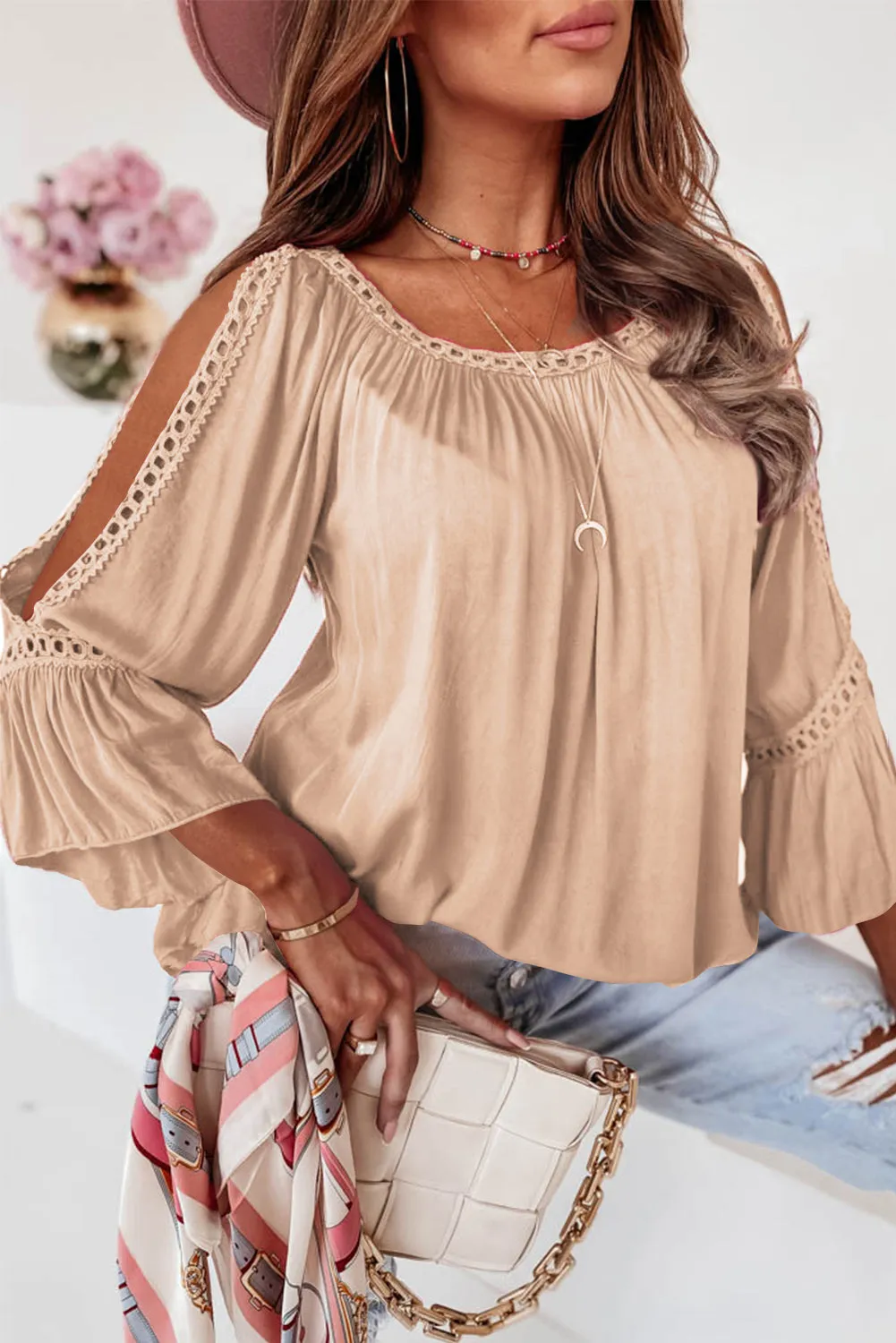 Lace Crochet Cut-Out Bracelet Sleeve Ruffle Blouse