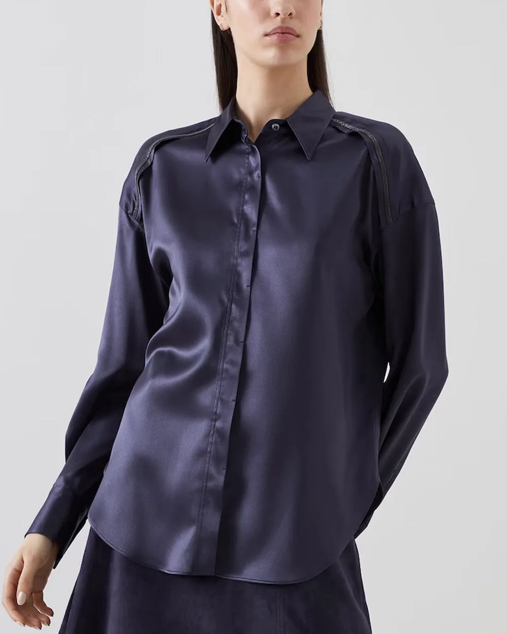 Night Sky Monili Trim Silk Satin Blouse