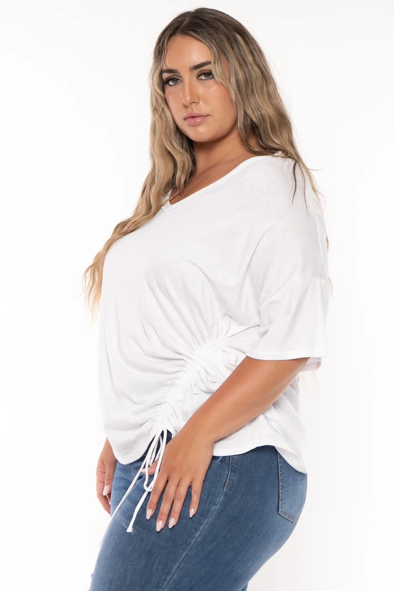 Plus Size Oversize Side Drawstring Top - White