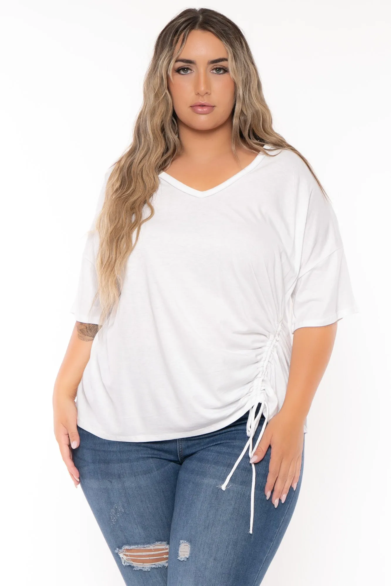 Plus Size Oversize Side Drawstring Top - White