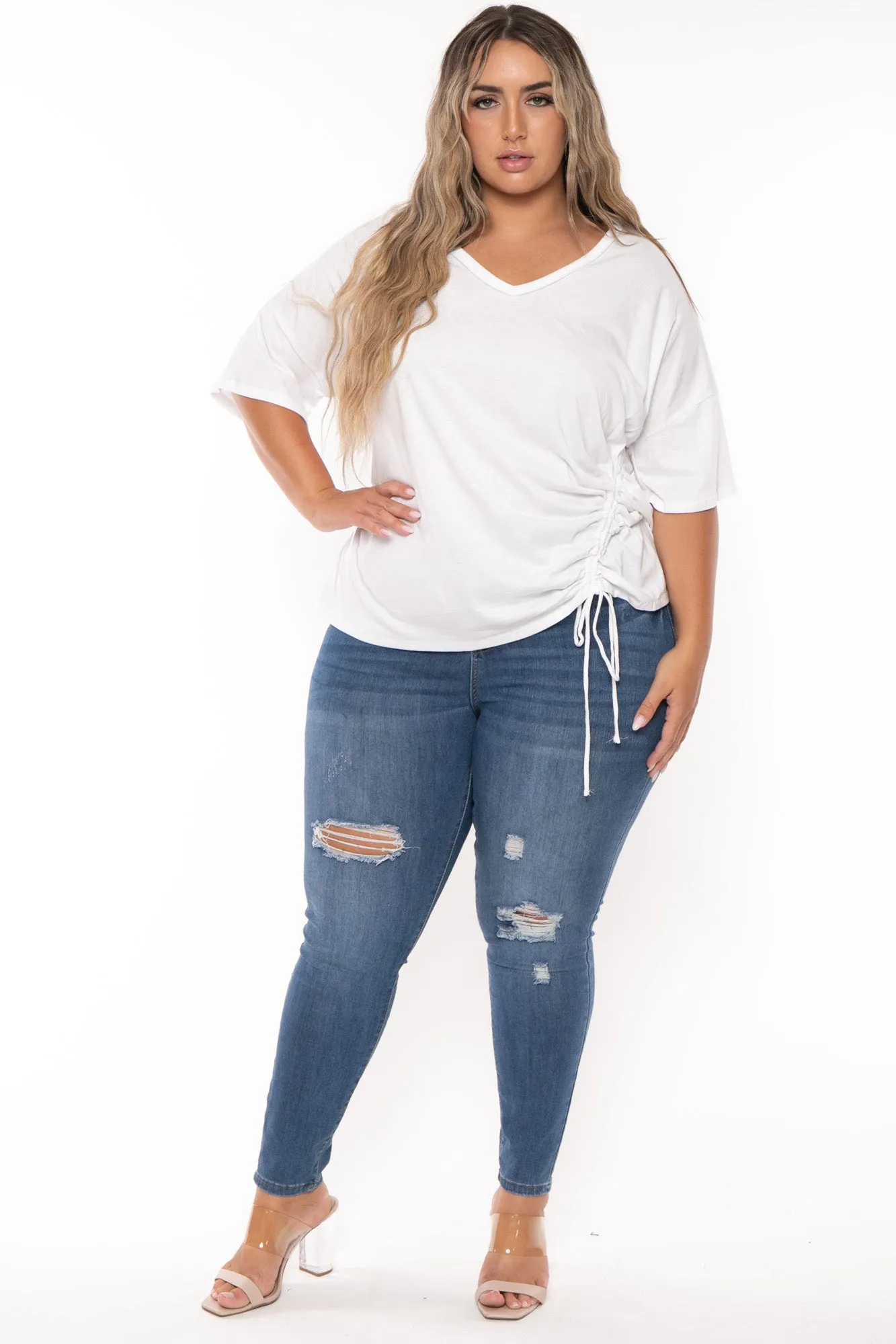 Plus Size Oversize Side Drawstring Top - White