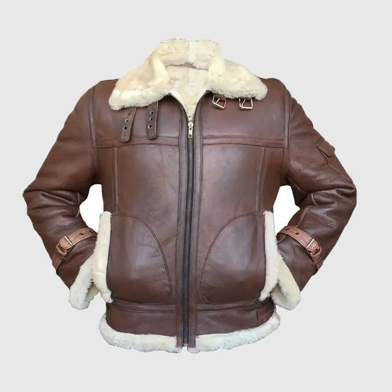 RAF Mens Leather Light Brown sheepskin Bomber Jacket With Fur Collar