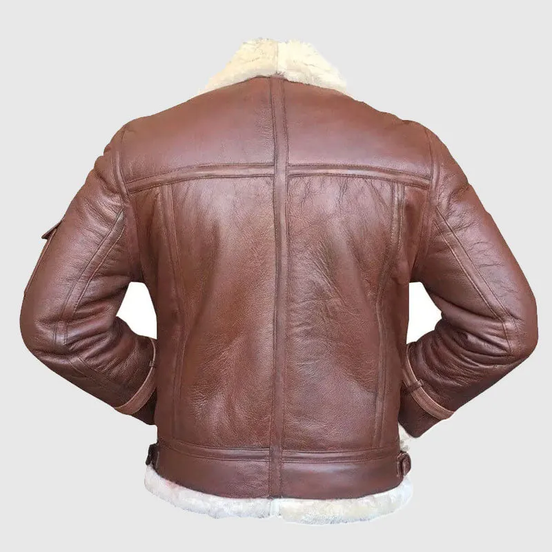 RAF Mens Leather Light Brown sheepskin Bomber Jacket With Fur Collar