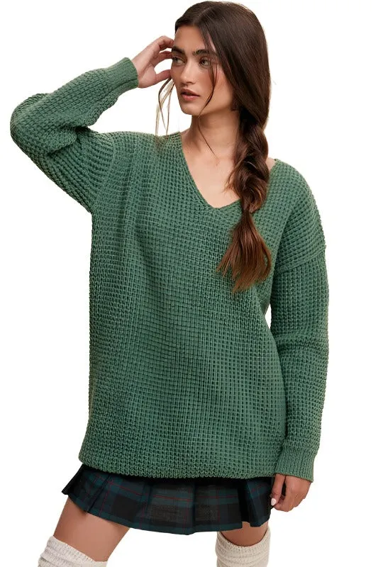 Slouchy V-neck Ribbed Knit Sweater