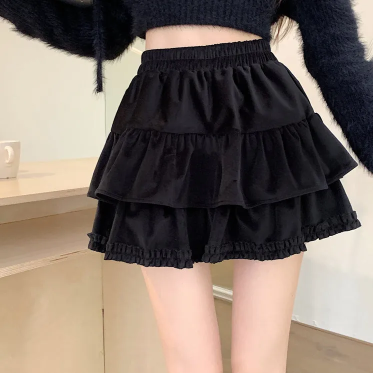 Soft Velvet High Waist Cake Versatile Short Skirt