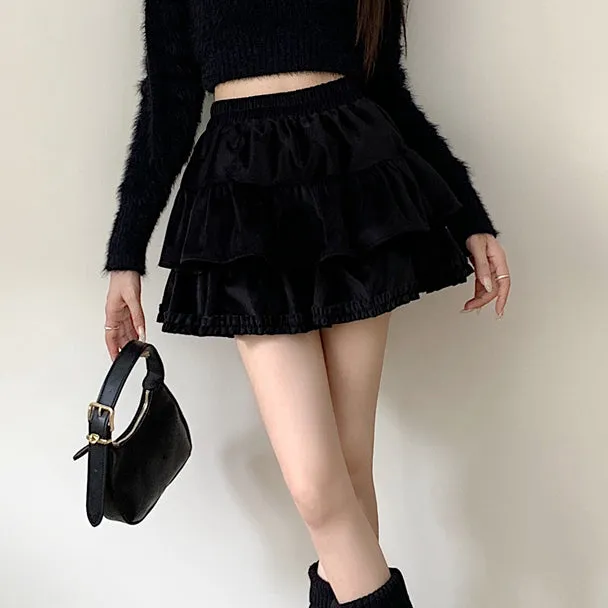 Soft Velvet High Waist Cake Versatile Short Skirt