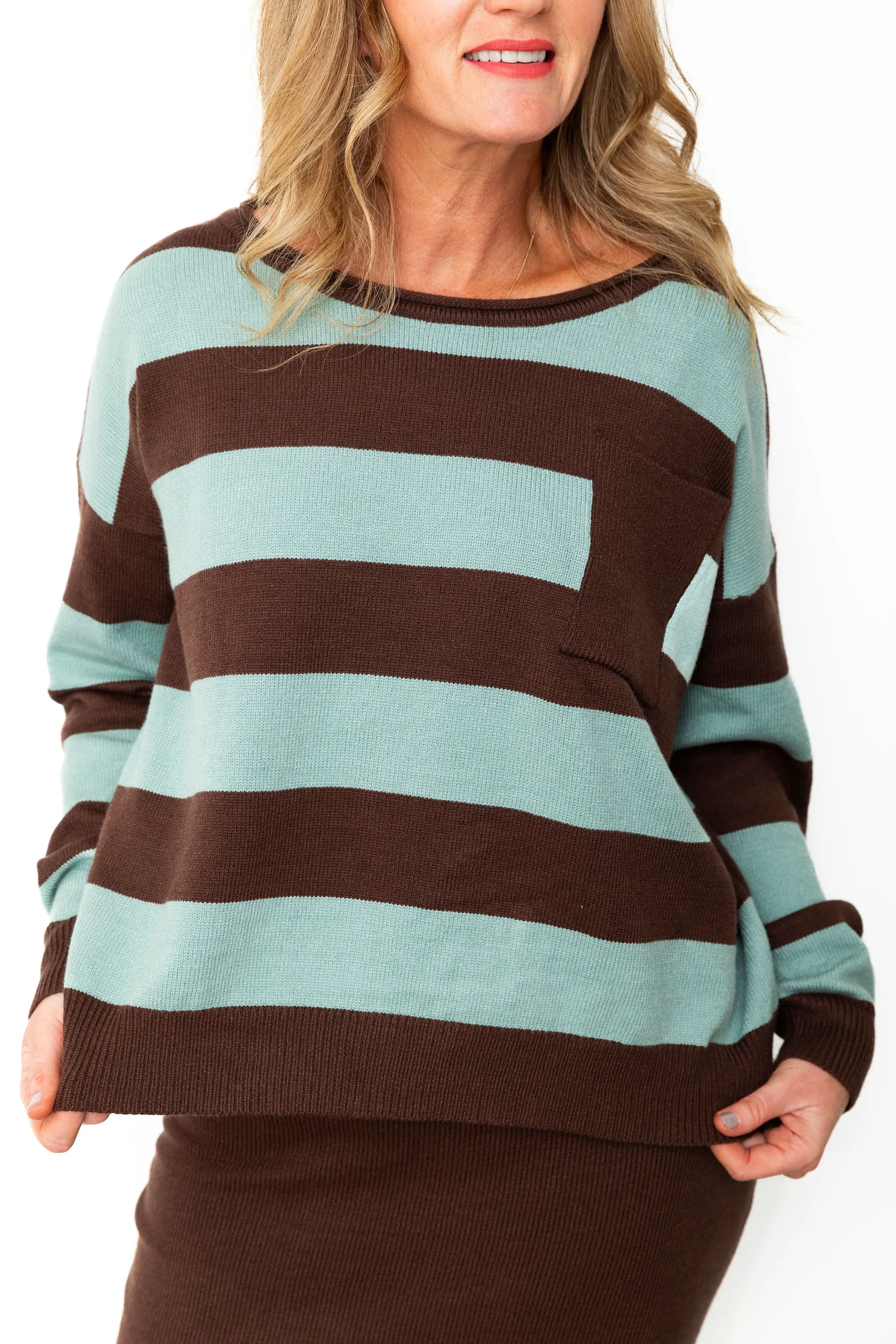 Striped Sweater & Knit Pencil Skirt - Mocha