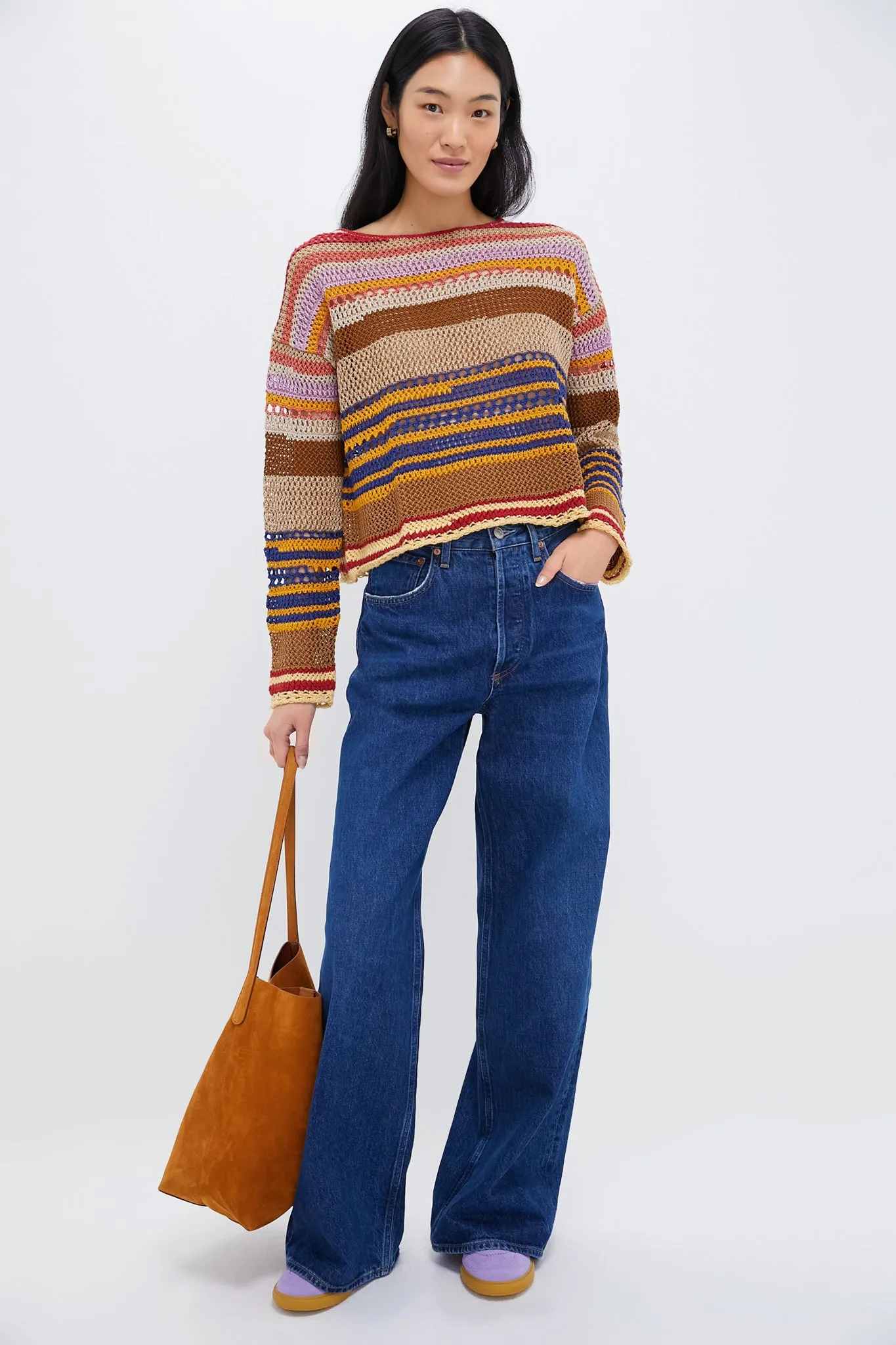 Tan Multi Linen Blend Stripe Long Sleeve Pullover