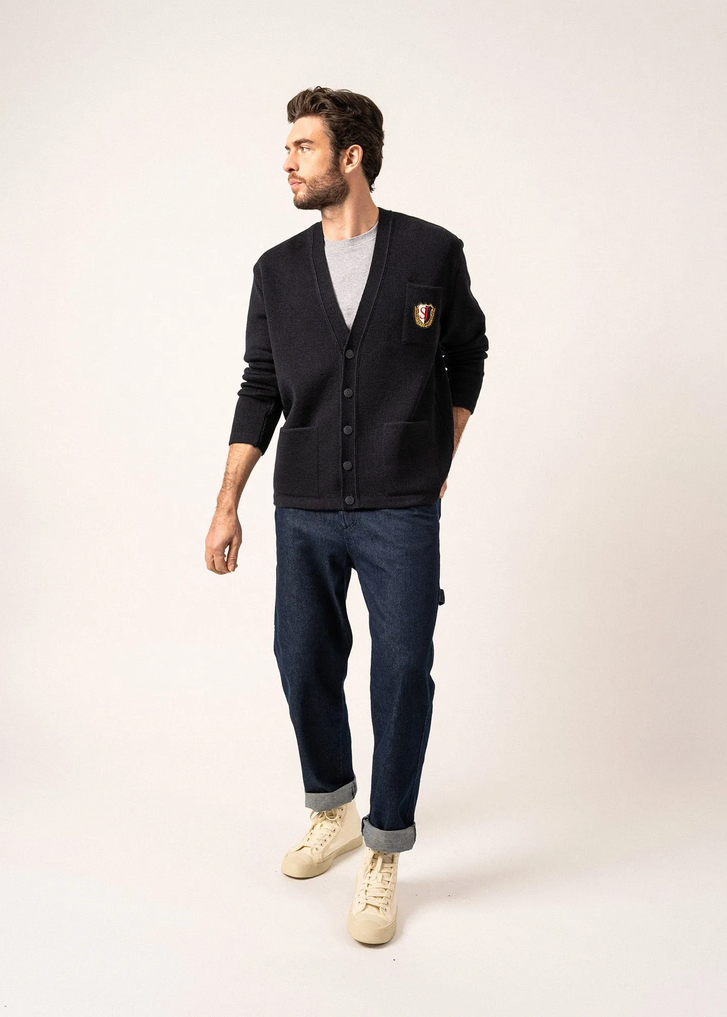 Yachting Réédit Wool Cardigan - with embroidered chest badge (NAVY)