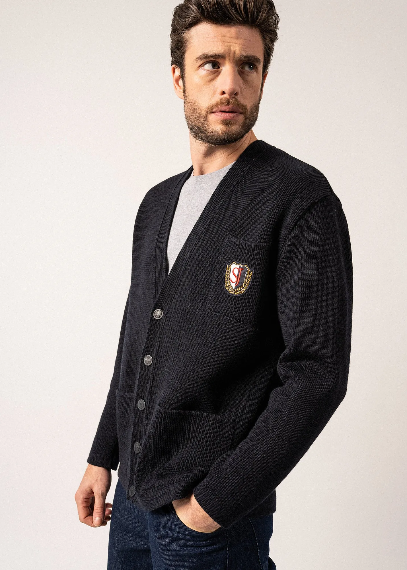 Yachting Réédit Wool Cardigan - with embroidered chest badge (NAVY)